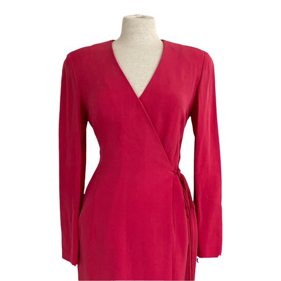 Dana Buchman Coral Pink Silk Wrap Dress Women's Sz 8 Long Sleeve Gold Beaded Tie - Picture 2 of 10